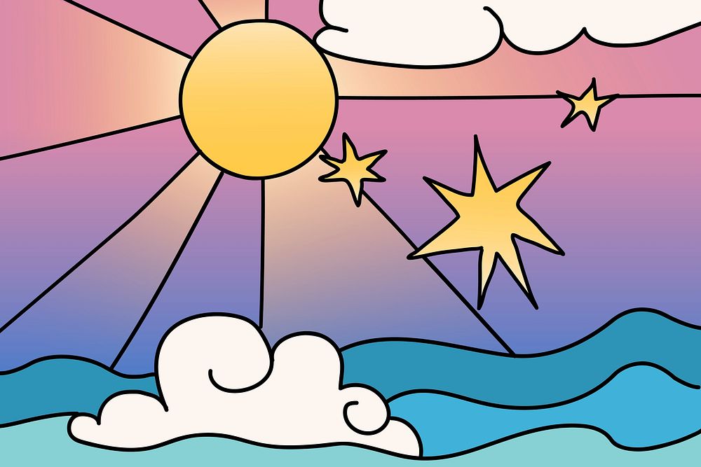 Aesthetic sunshine ocean background, doodle design illustration vector