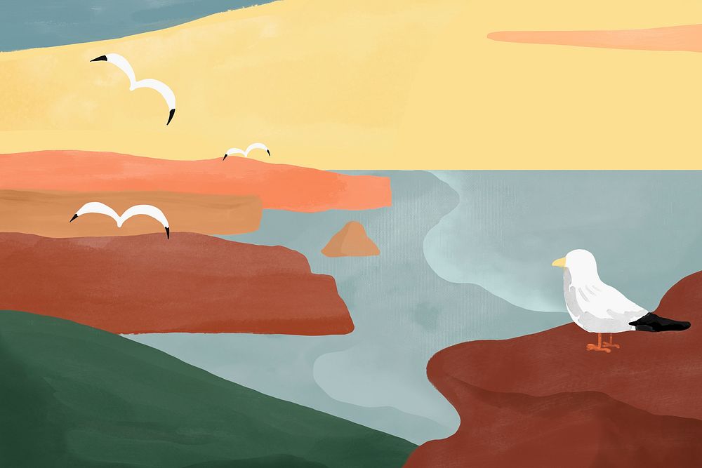 Seaside landscape background, seagulls watercolor graphic