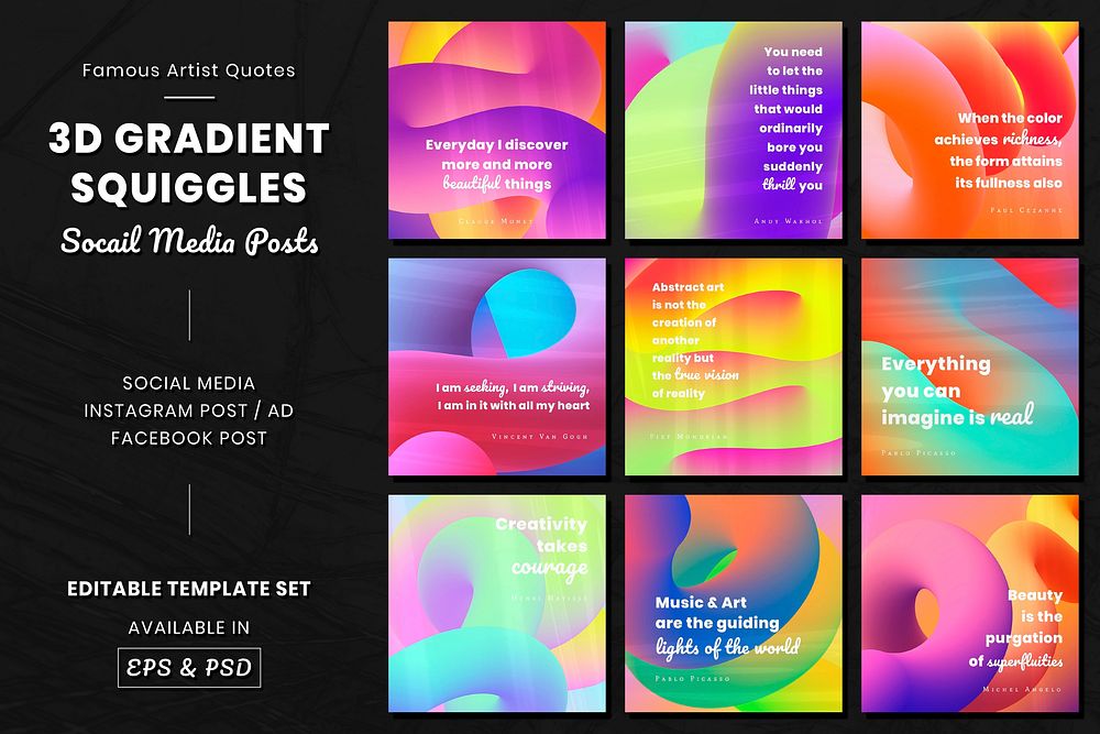 3D gradient Instagram post template, colorful squiggles with inspirational quote vector