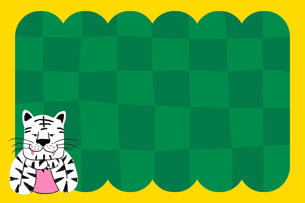 Green checkered frame background, tiger doodle psd