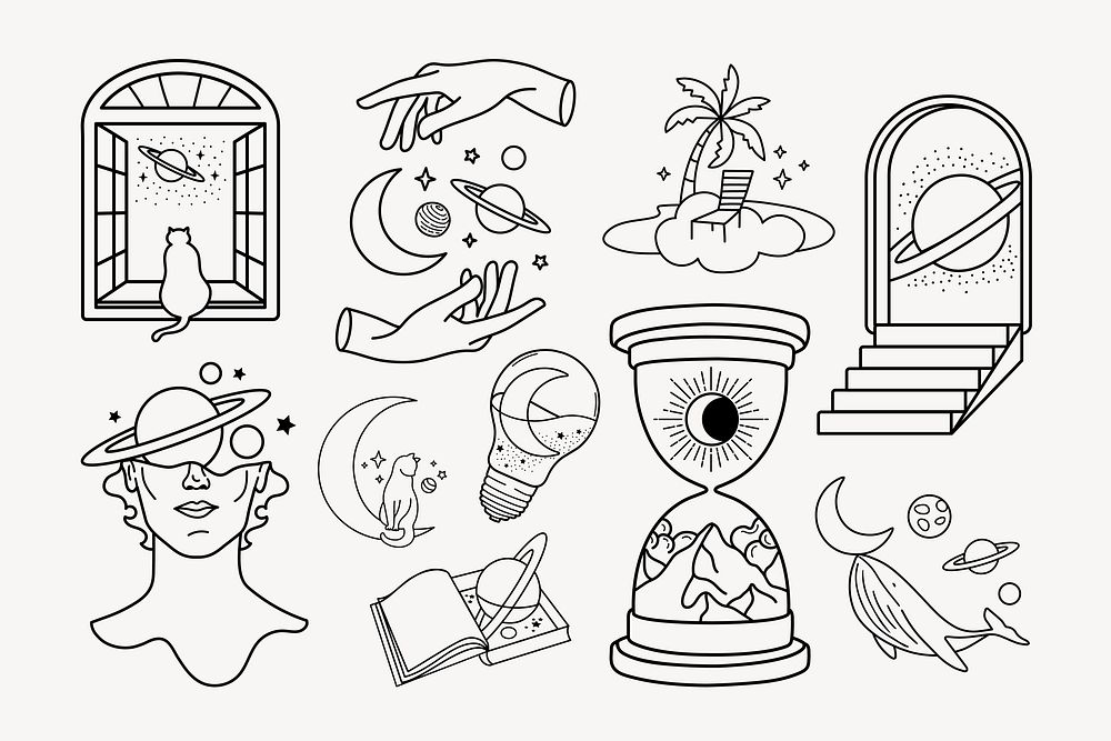 Celestial doodle clipart set, magical illustration vector