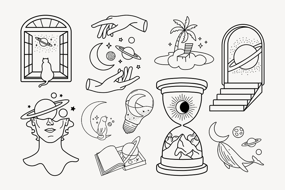 Celestial doodle collage element set, magical illustration psd