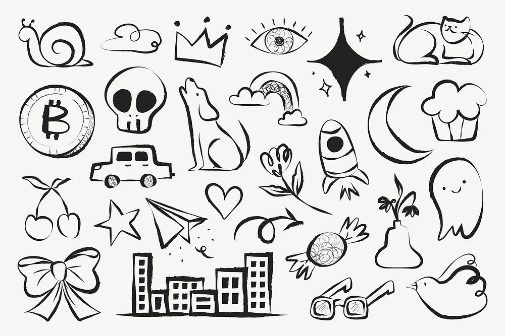 Cute doodle sticker, aesthetic cartoon illustrations set vector