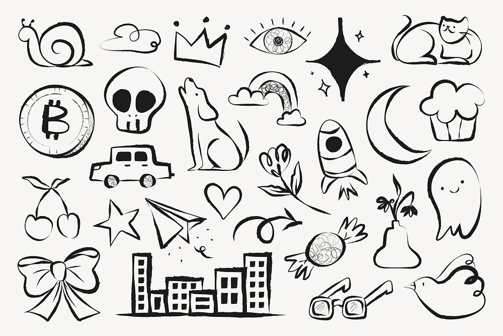 Cute doodle sticker, aesthetic cartoon illustrations set psd