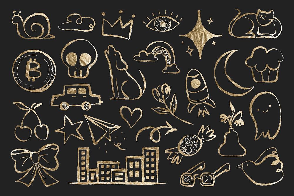 Cute doodle sticker, gold glitter cartoon illustration set vector