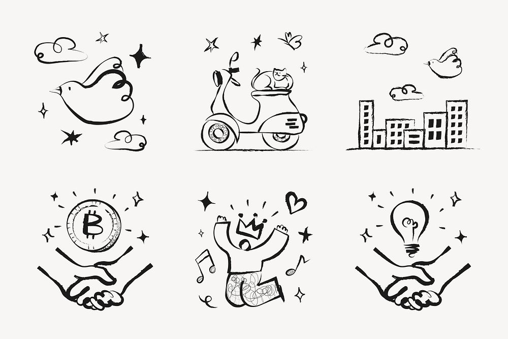 Marketing doodle sticker, cute illustration in black collection psd