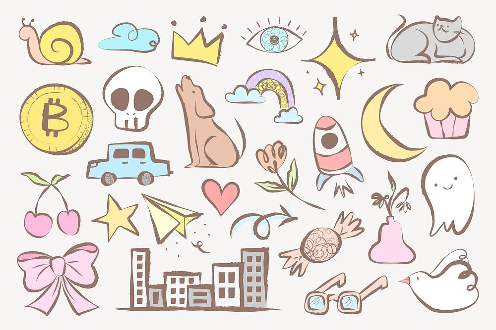 Cute doodle sticker, pastel cartoon illustrations set vector