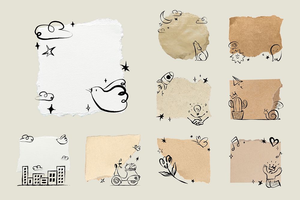 Ripped paper doodle frame sticker set psd