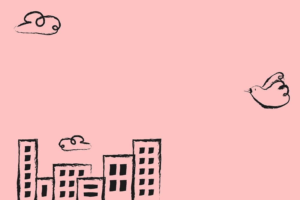 Pink buildings background, doodle border vector