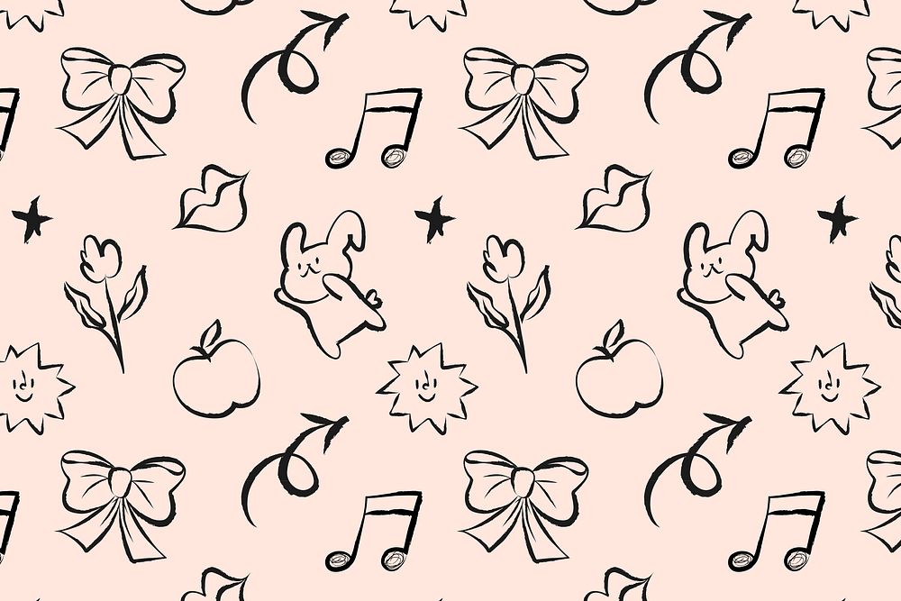 Aesthetic doodle pattern background, bunny illustration vector