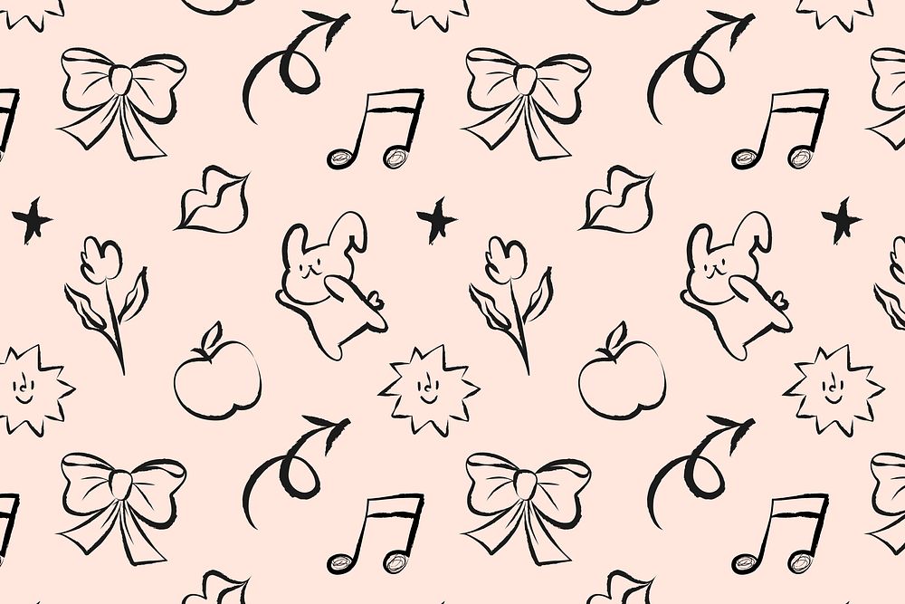 Aesthetic doodle pattern background, bunny illustration psd