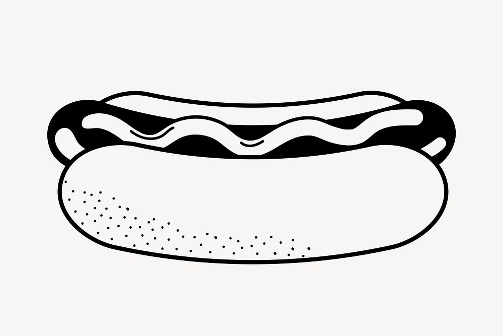 Hotdog doodle clipart, cute black & white illustration