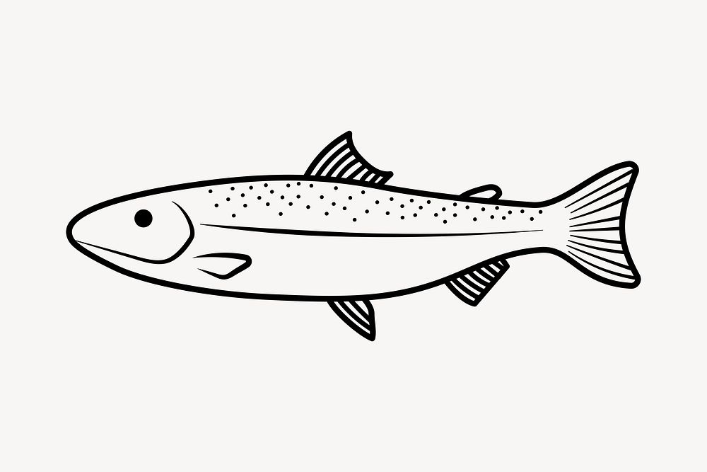 Fish doodle clipart, cute black & white illustration psd