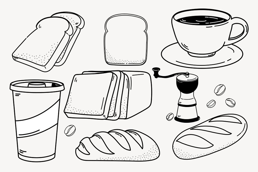 Food & drink doodle collage element, cute black & white illustration vector