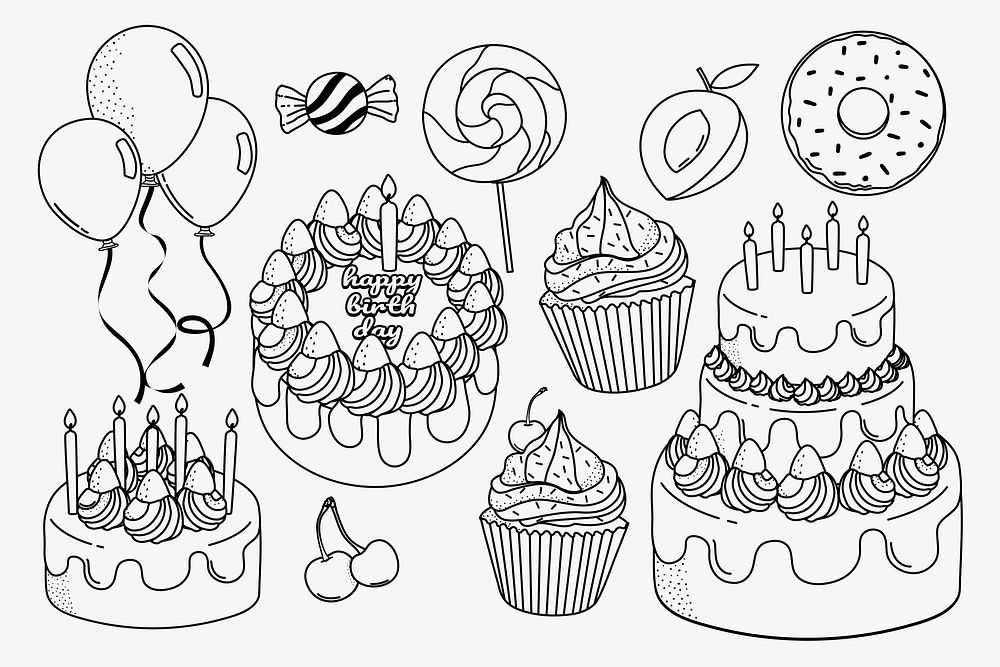 Birthday doodle clipart, cute black & white illustration set psd