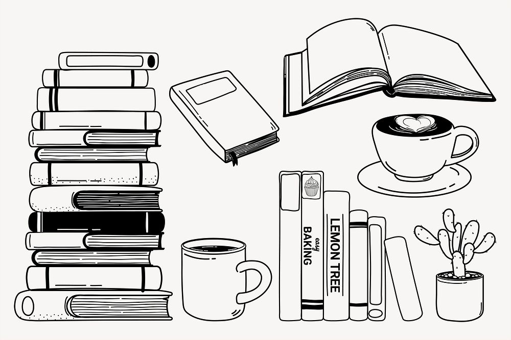 Books doodle clipart, cute black & white illustration set psd