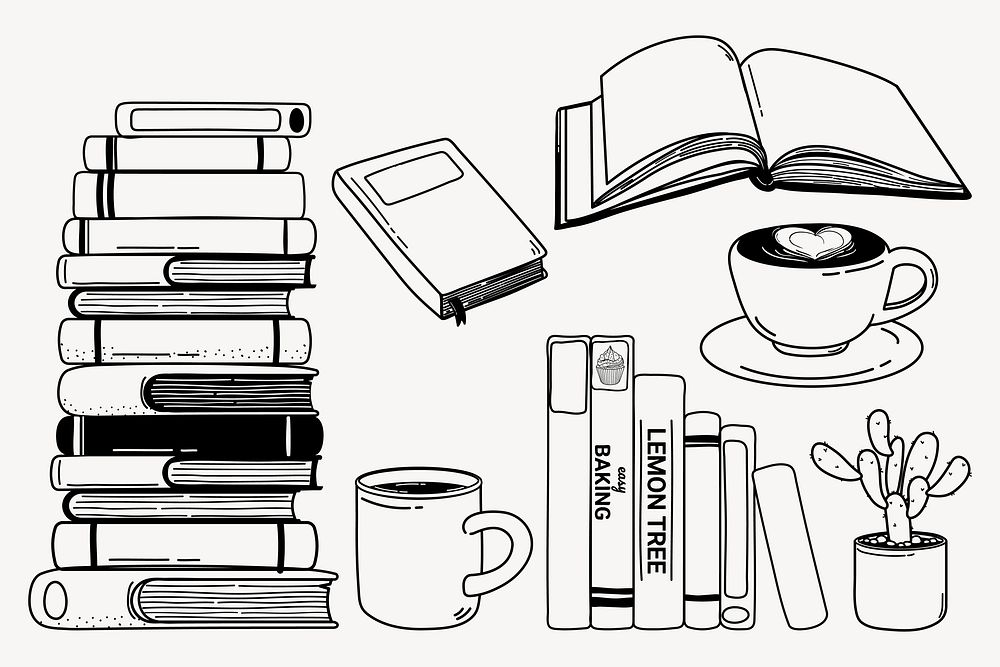 Books doodle collage element, cute black & white illustration vector