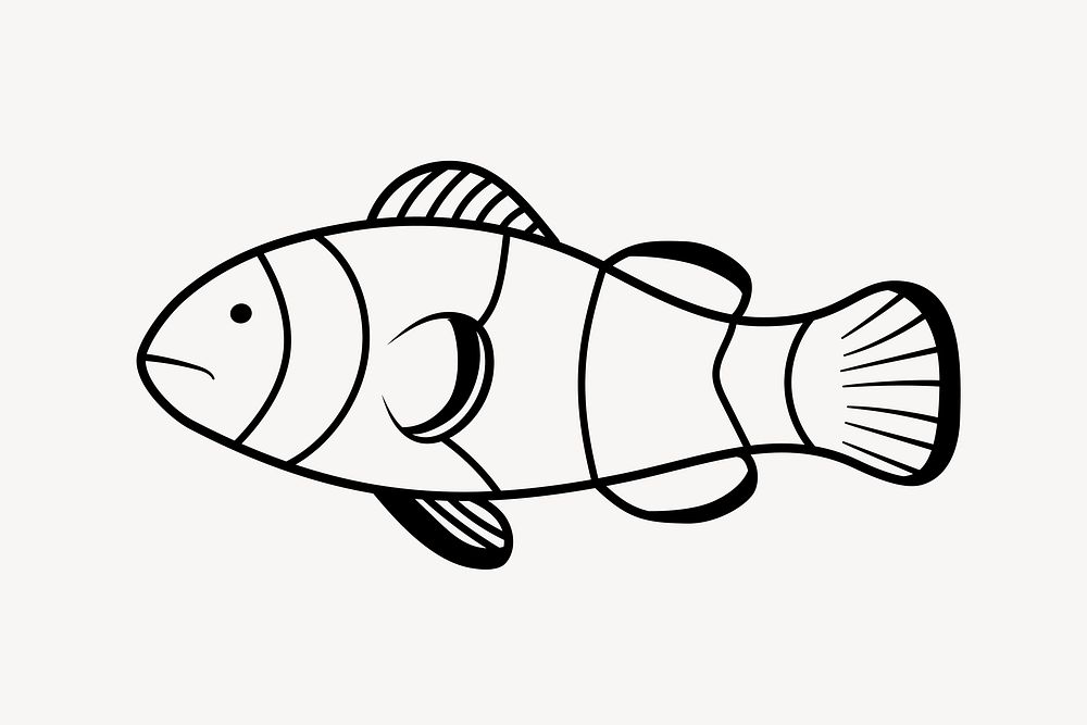 Clownfish doodle collage element, cute black & white illustration vector