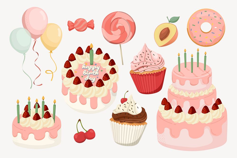Birthday collage element, cute cartoon illustration set vector
