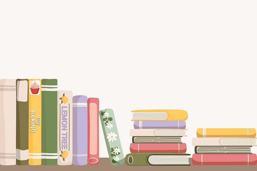 Book stack border collage element, cute cartoon illustration psd