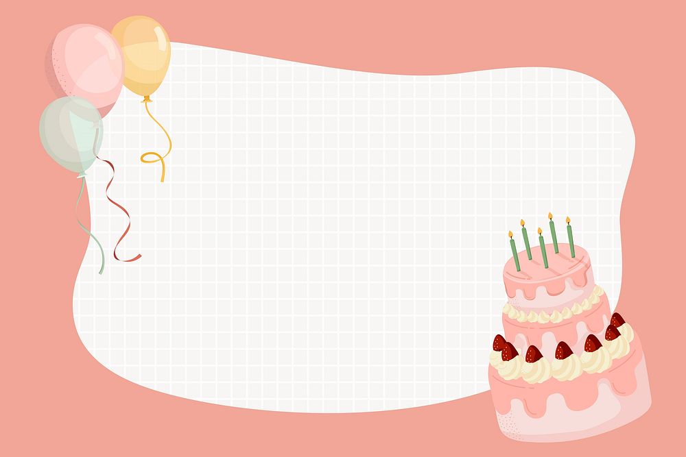 Pink birthday frame background, cute cartoon illustration, design space