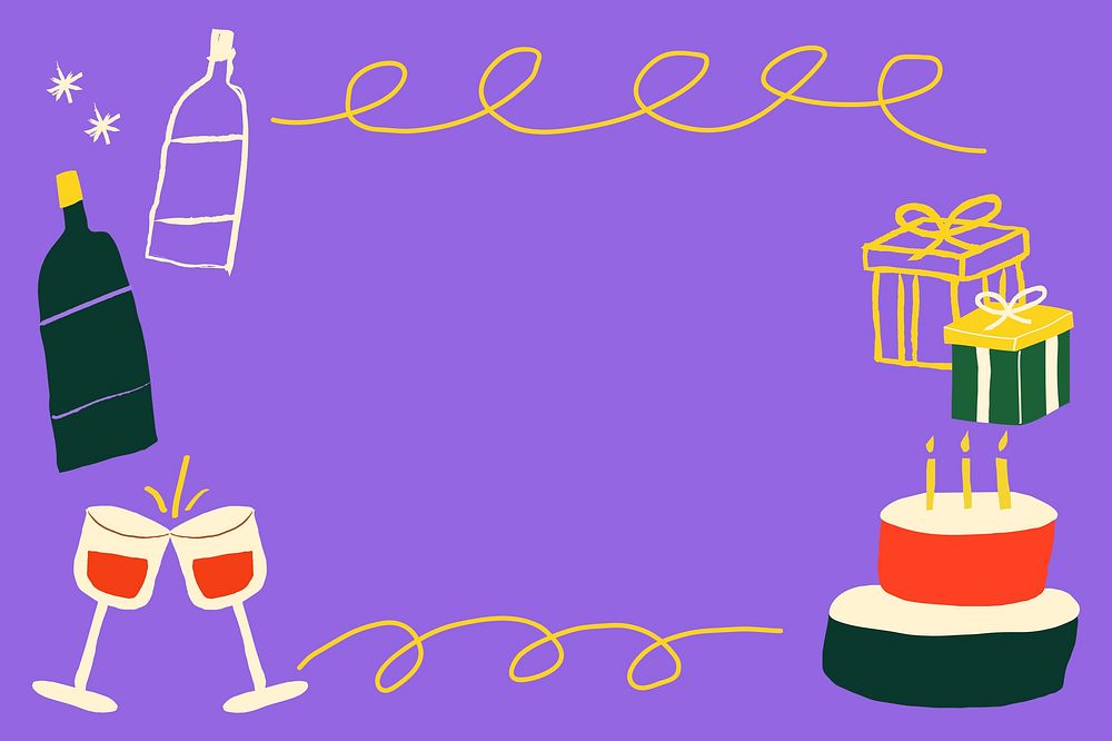 Birthday celebration frame background, cute doodle in purple psd