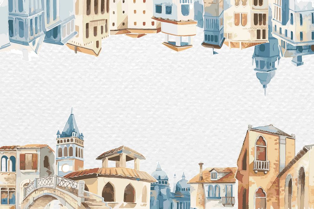 Frame vector with architectural Mediterranean buildings in watercolor on white paper textured background