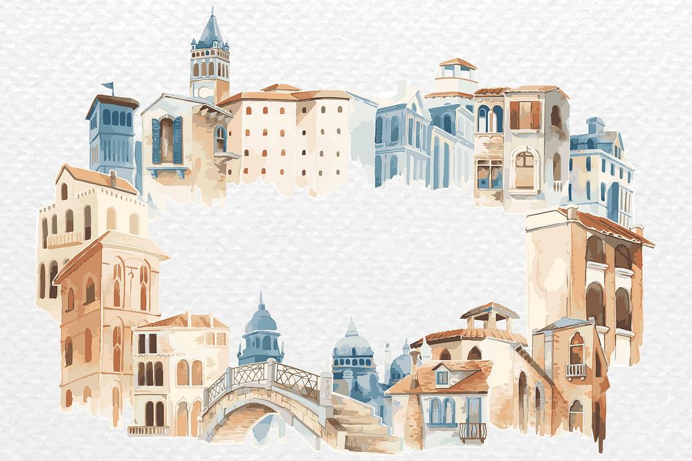 Frame vector with architectural Mediterranean buildings in watercolor on white paper textured background