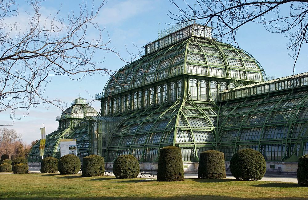 Partial view of the Palm house at Schönbrunn, Vienna, Austria. Original public domain image from Wikimedia Commons