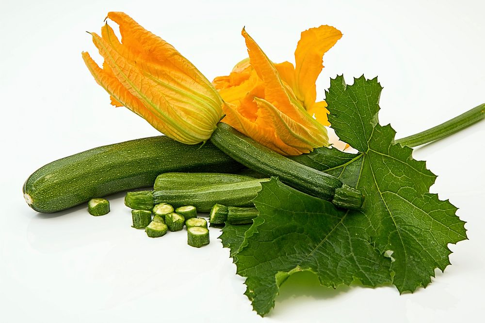 Courgette et fleurs de courgette. Original public domain image from Wikimedia Commons