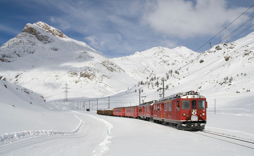 Local train on the Bernina line between Lagalb and Ospizio Bernina pulled by two ABe 4/4 multiple units (an ABe 4/4 II…