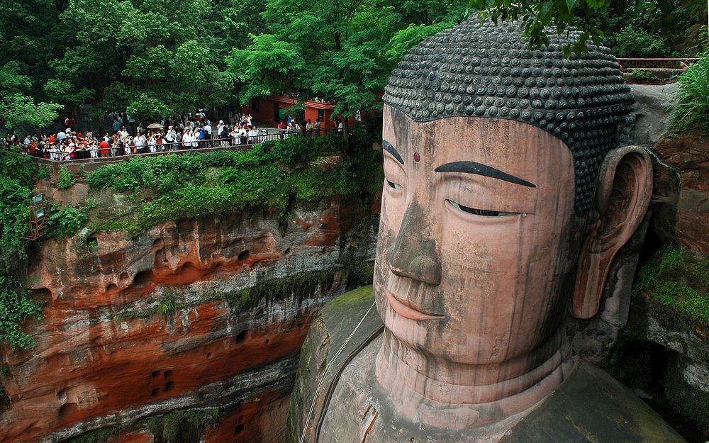 The head of the Leshan Giant Buddha. Original public domain image from Wikimedia Commons