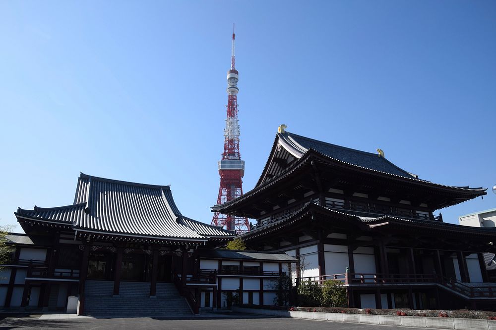 Traditional and Technology in Japan - Zojo-ji Temple and Tokyo Tower. Original public domain image from Wikimedia Commons