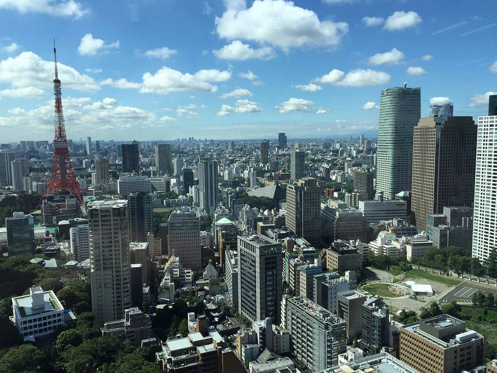 Cityscape near Tokyo Tower, Arkhills Sengokuyama Mori Tower, and Shiroyama Trust Tower in Minato-ku, view from Toranomon…