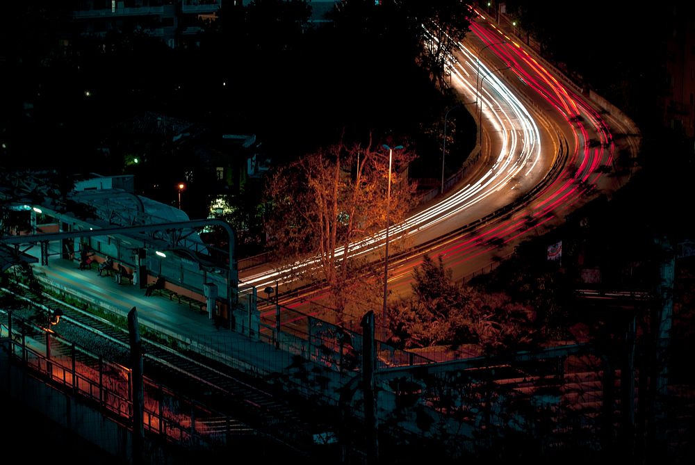 Train station at night. Original public domain image from Wikimedia Commons