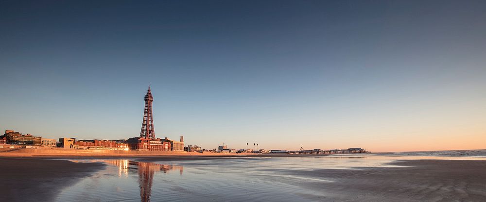  Blackpool Tower at sunset. Located in Blackpool, Lancashire, England, UK. Original public domain image from Wikimedia…