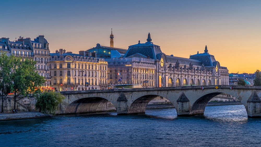 Pont Royal and Musée d'Orsay at dusk, Paris, France. Original public domain image from Wikimedia Commons