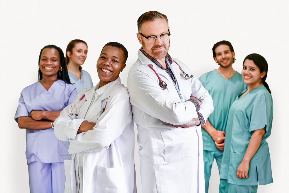 Happy medical team, isolated on off white