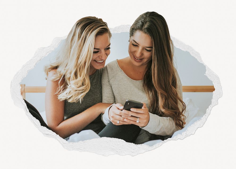Girls scrolling on phone ripped paper badge, social media photo