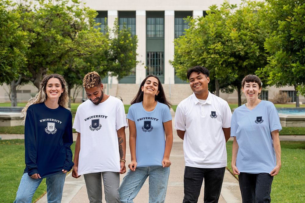 Students wearing branded college apparel