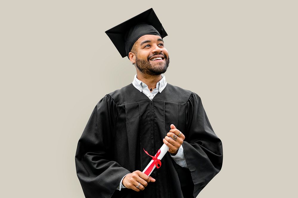 Graduating university student psd isolated on beige background