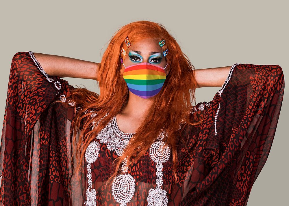 Drag queen wearing color face mask in the new normal psd