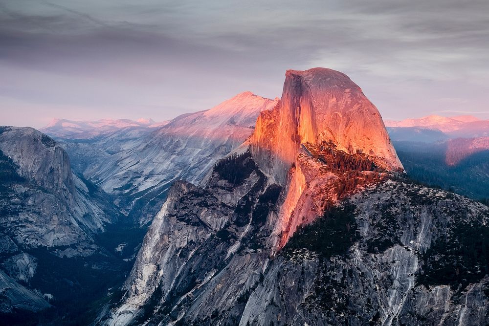 Half Dome at sunset as seen from Glacier Point in Yosemite National Park, North America