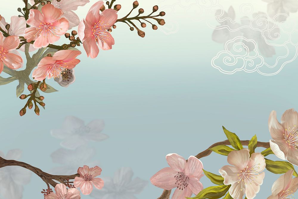 Traditional Sakura background, aesthetic flower border psd