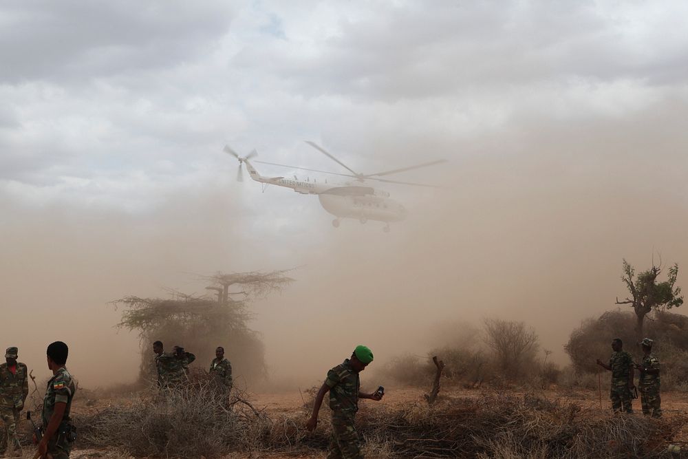 A UN helicopter carrying Prime Minister Abdiweli and his delegation depart from Tiyeglow following a visit to the recently…