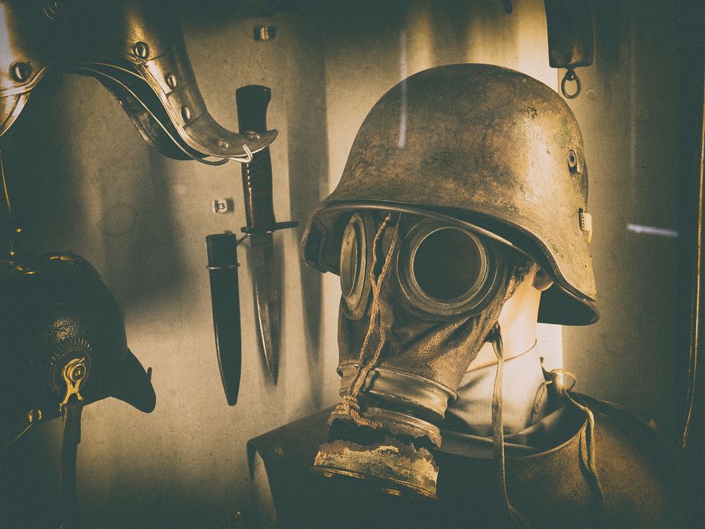 Military gas mask, sepia tone. Original public domain image from Flickr