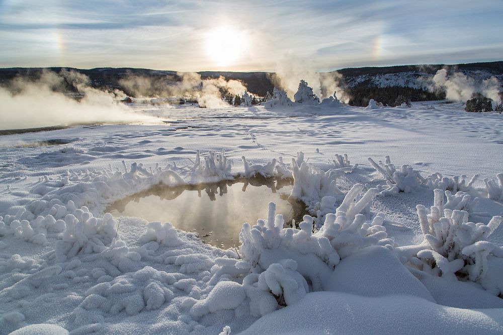 Parhelion & rime ice, Upper Geyser Basin by Neal Herbert. Original public domain image from Flickr