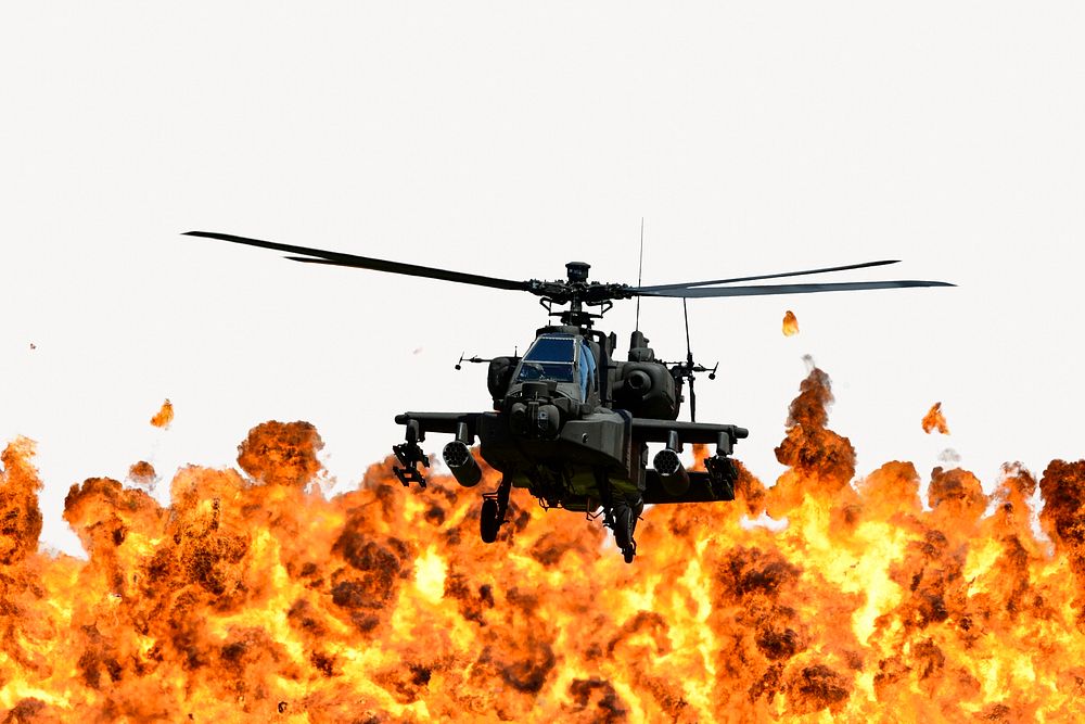 Helicopter over flames border background