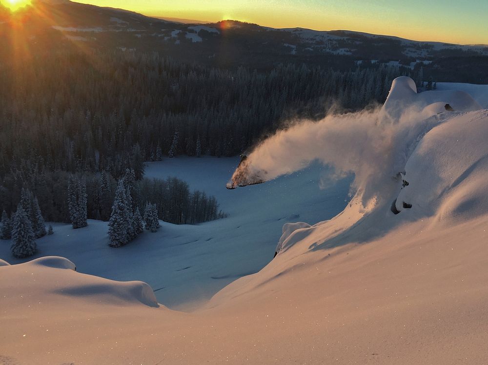 Local snowmobilers enjoy late December powder at sunrise, Soapstone Basin, Western Uinta Mountains, Uinta-Wasatch-Cache…
