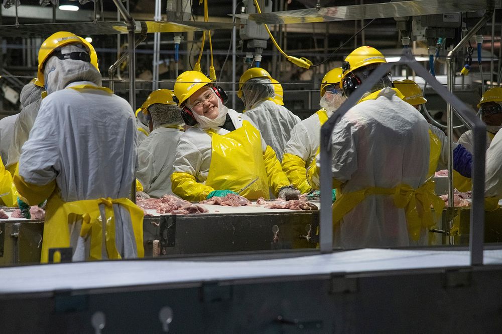 U.S. Department of Agriculture Secretary Sonny Perdue (red jacket) visits Butterball turkey processing plant in Mount Olive…